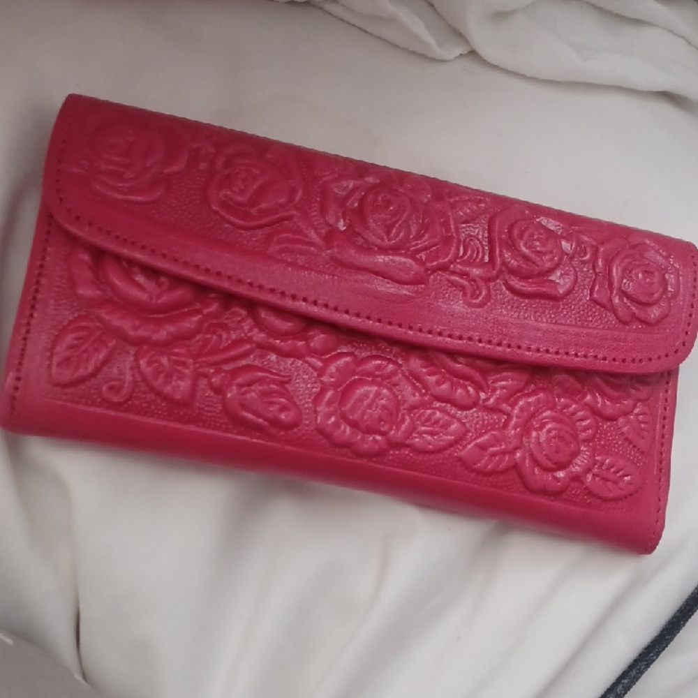 Elegant Pink Embossed Floral Clutch 100% Leather